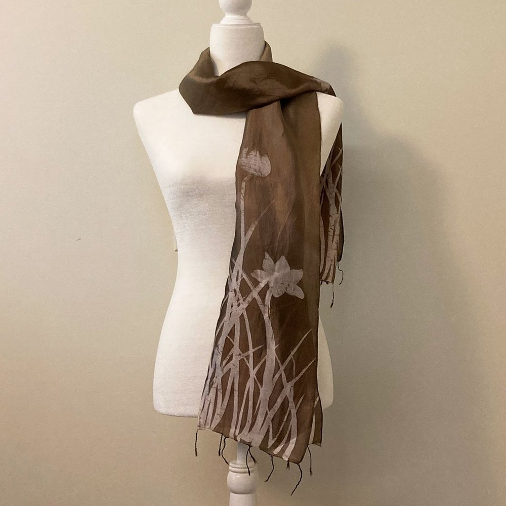 Vintage Brown and White Floral Batik Silk Scarf